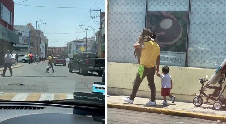 He walks around with his dog in his arms as if he were a child, while his young son walks