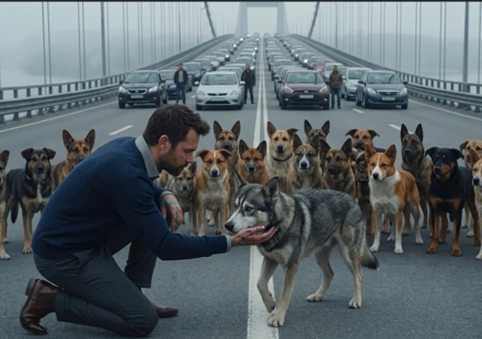Twenty silent dogs were blocking a bridge… When a man stepped forward, what happened next made everyone cry.