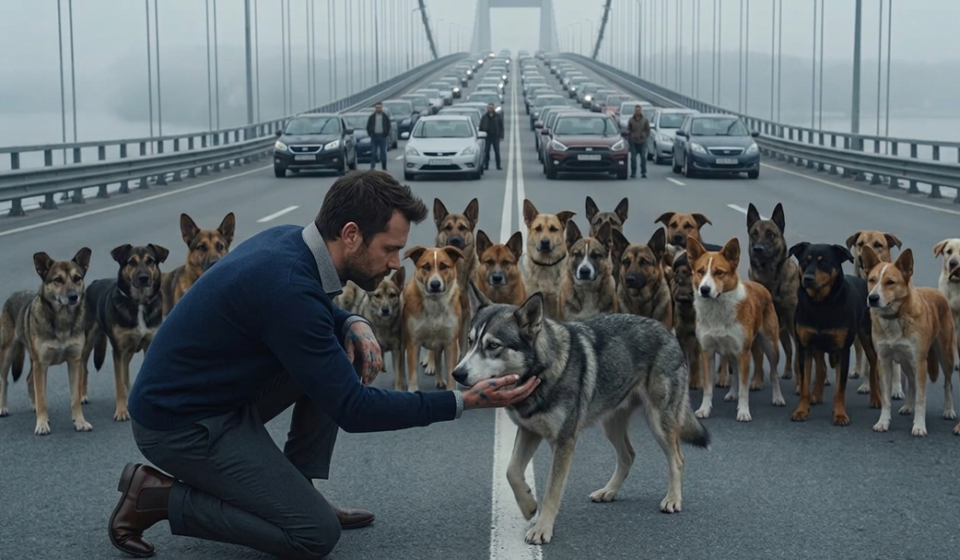 Twenty silent dogs were blocking a bridge… When a man stepped forward, what happened next made everyone cry.